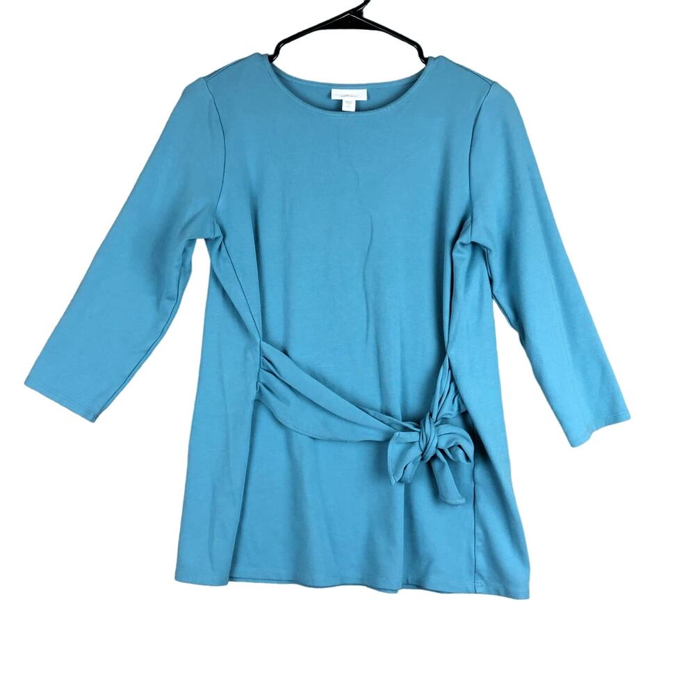 J Jill Womens Shirt Blue Topaz Ponte Front/Back Bow Tie 3/4 Sleeve Small Petite